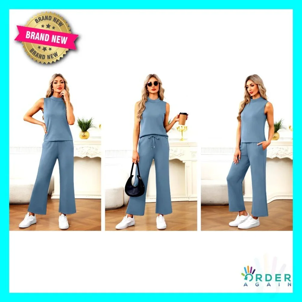 Mock Neck Tank Top Cropped Wide Leg Pants Lounge Set Athleisure Two Piece Outfit